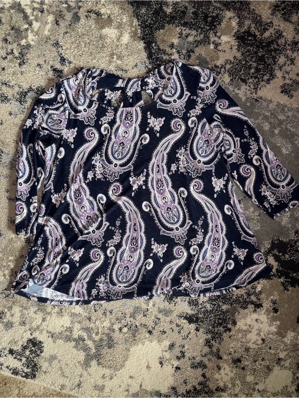Navy Paisley 3/4 Sleeve Blouse with Lavender Accents